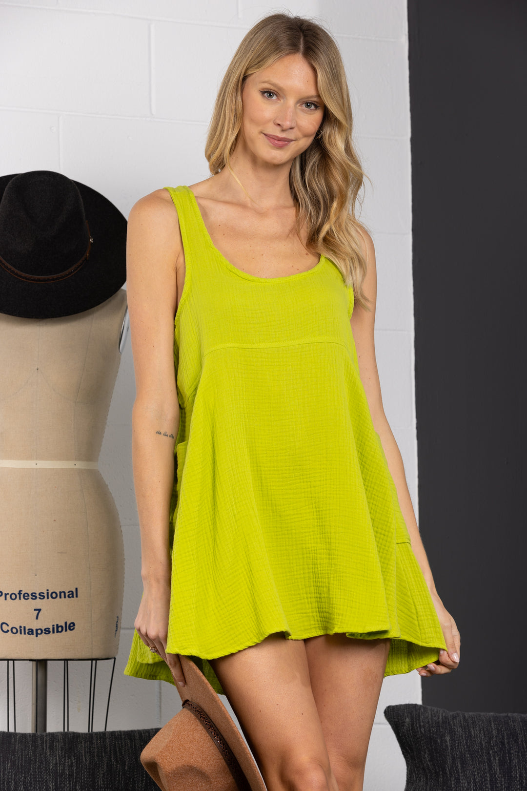 LIME SLEEVELESS SIDE POCKET CAMI MINI DRESS-DC50732SA