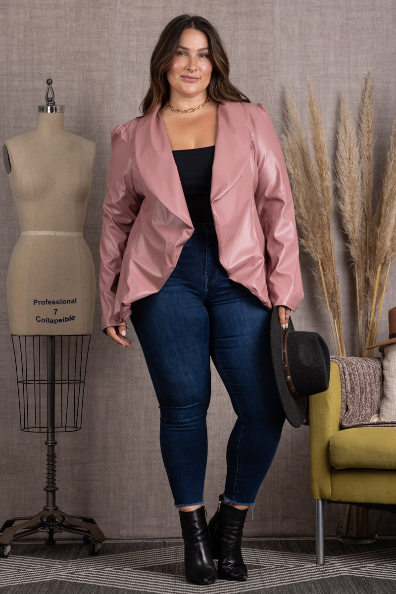 PINK LAPEL PU LEATHER PLUS SIZE BLAZER JACKET SJ1206