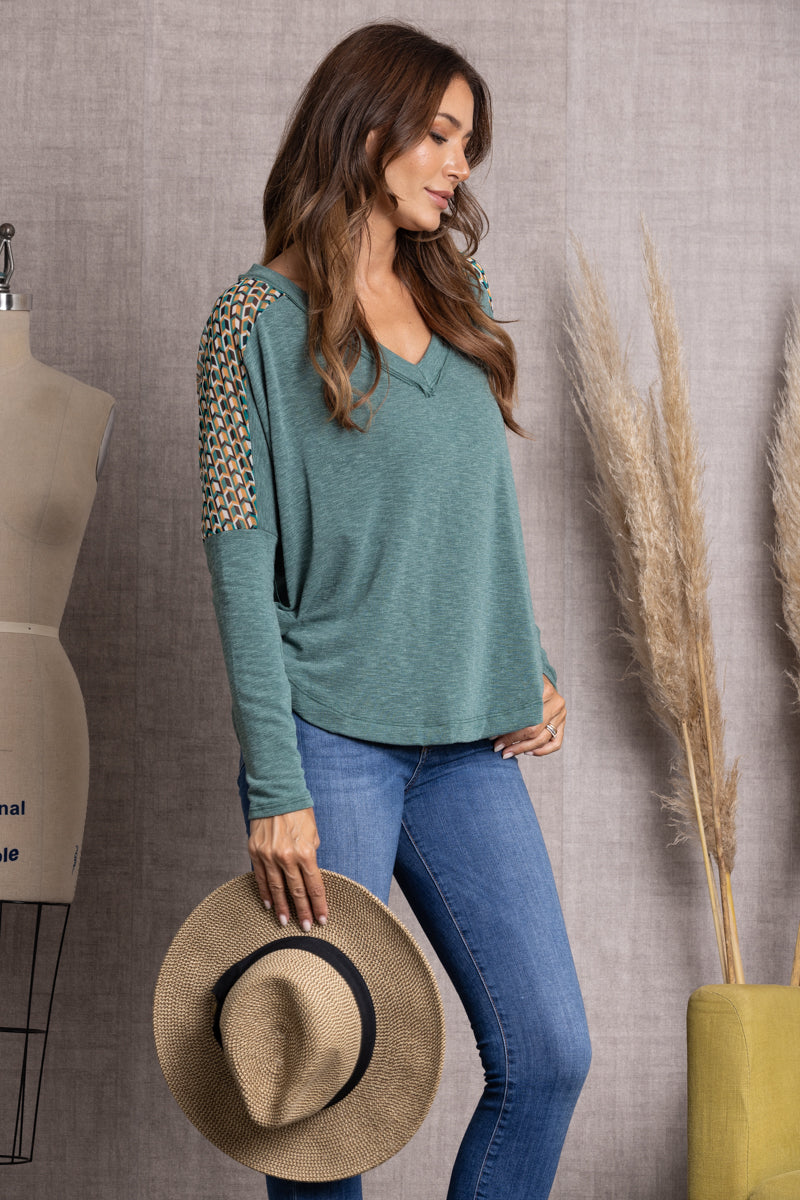 GREEN CHEVRON MESH KNIT LONG SLEEVE TOP-TJ10169SB