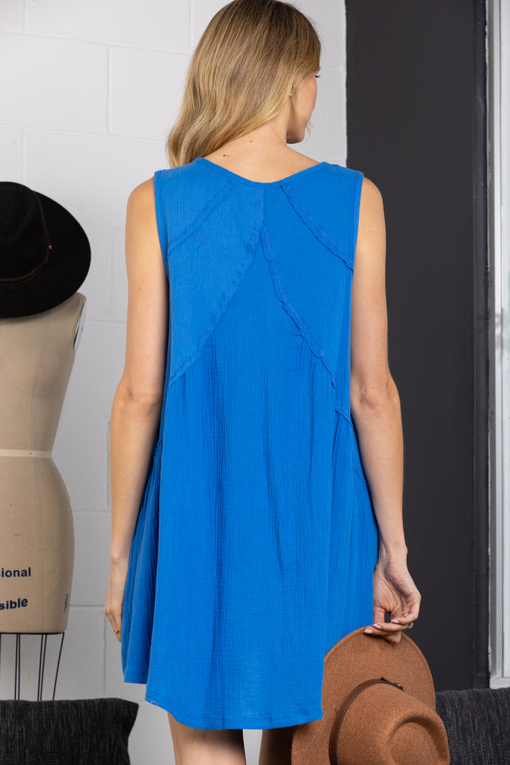 BLUE SLEEVELESS V-NECK FRILL TRIM CAMI DRESS-DC50719SA