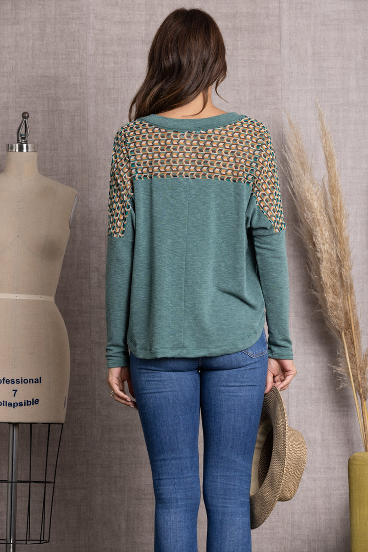 GREEN CHEVRON MESH KNIT LONG SLEEVE TOP-TJ10169SB