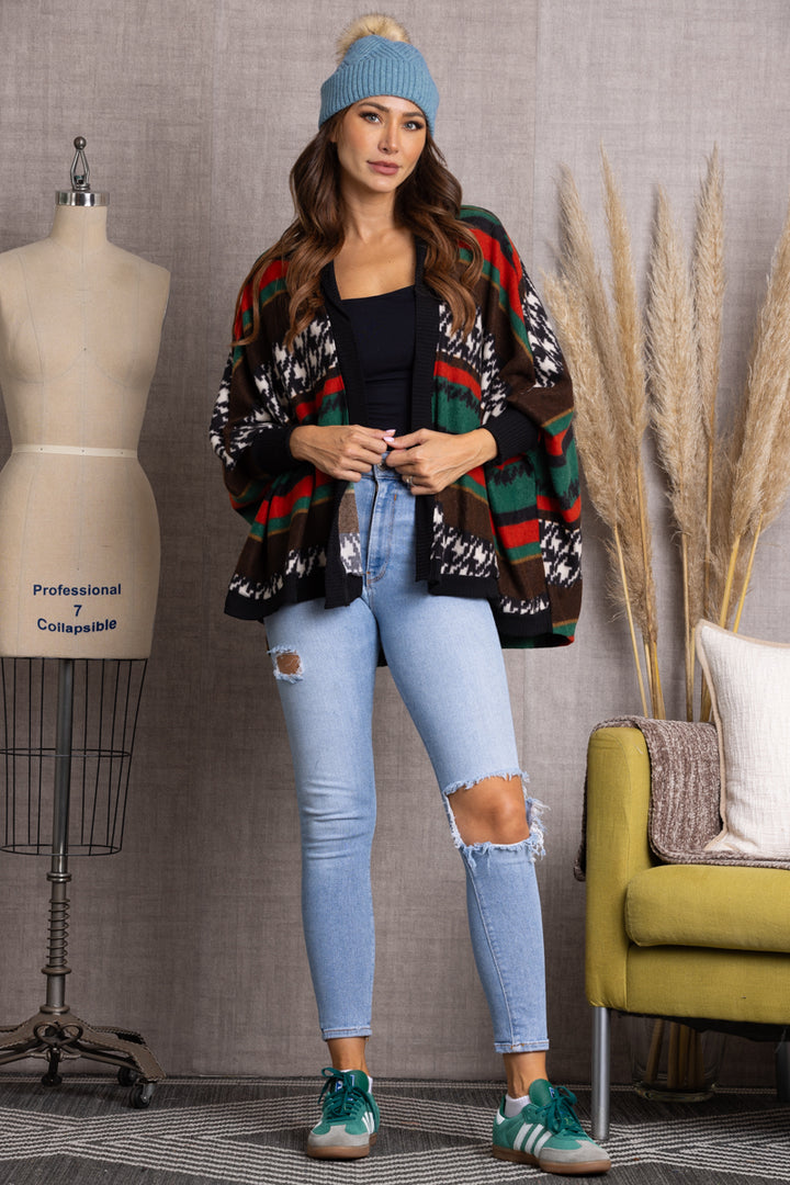 MULTICOLOR AZTEC PRINT OPEN FRONT CARDIGAN-JT8240PB