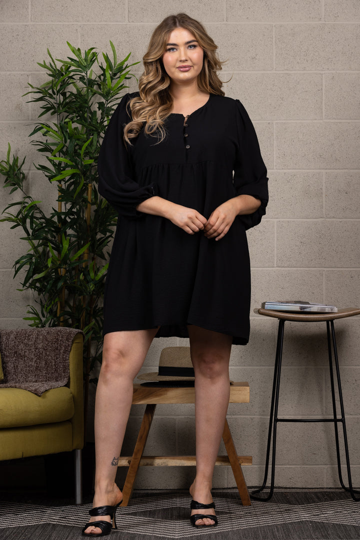 HALF OPEN BUTTON SPLICING LOOSE PLUS SIZE MIDI DRESS