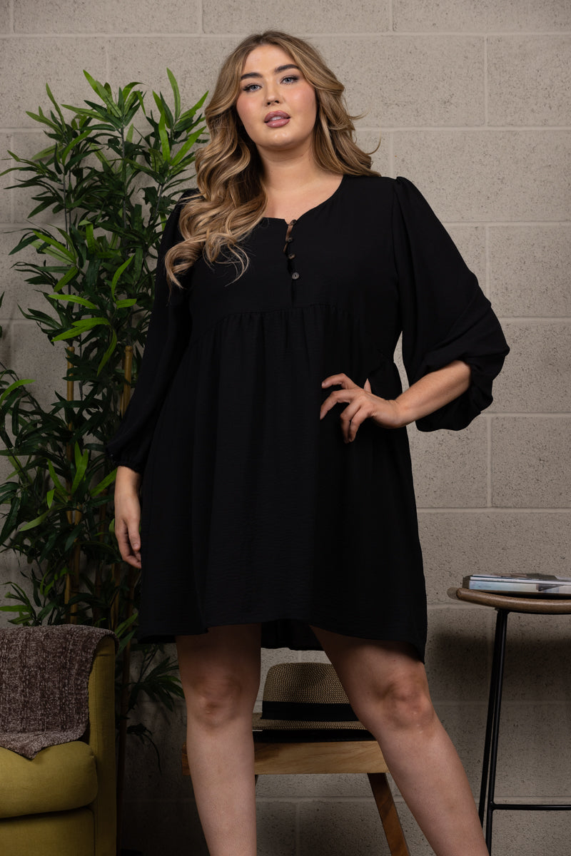 HALF OPEN BUTTON SPLICING LOOSE PLUS SIZE MIDI DRESS