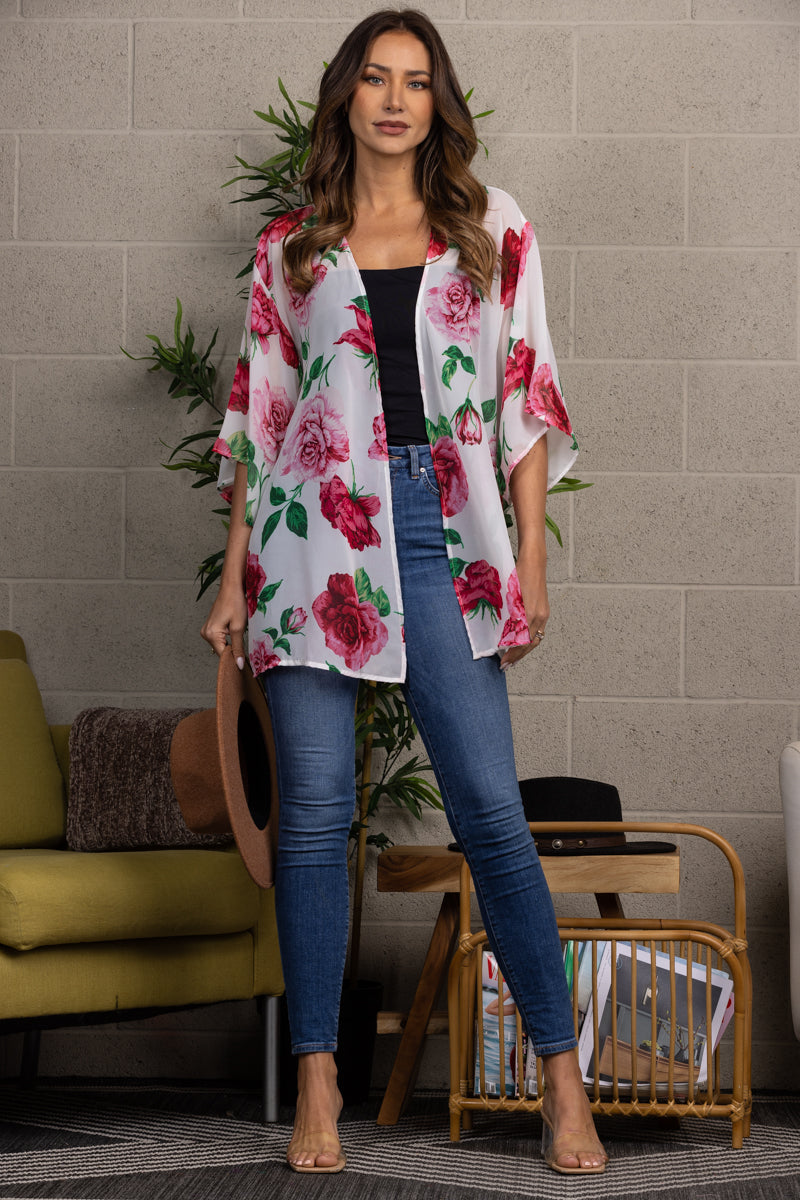 FLORAL PRINT DRAPED OPEN FRONT COVER-UP-T2202