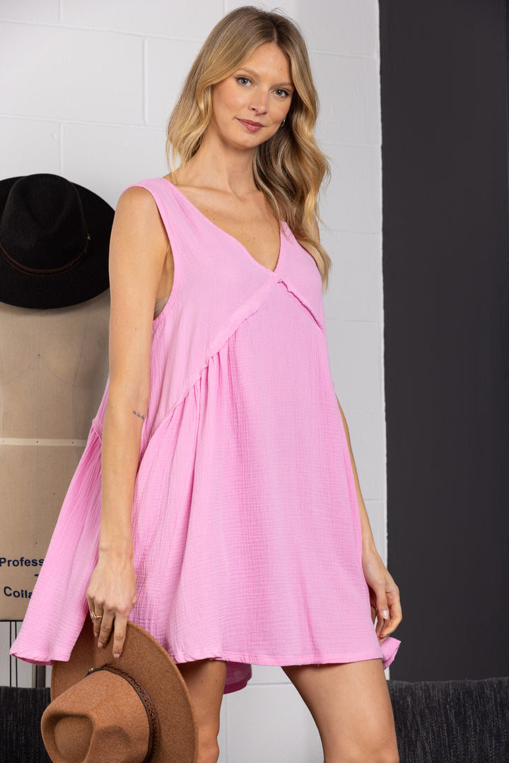 PINK SLEEVELESS V-NECK FRILL TRIM CAMI DRESS-DC50719SA