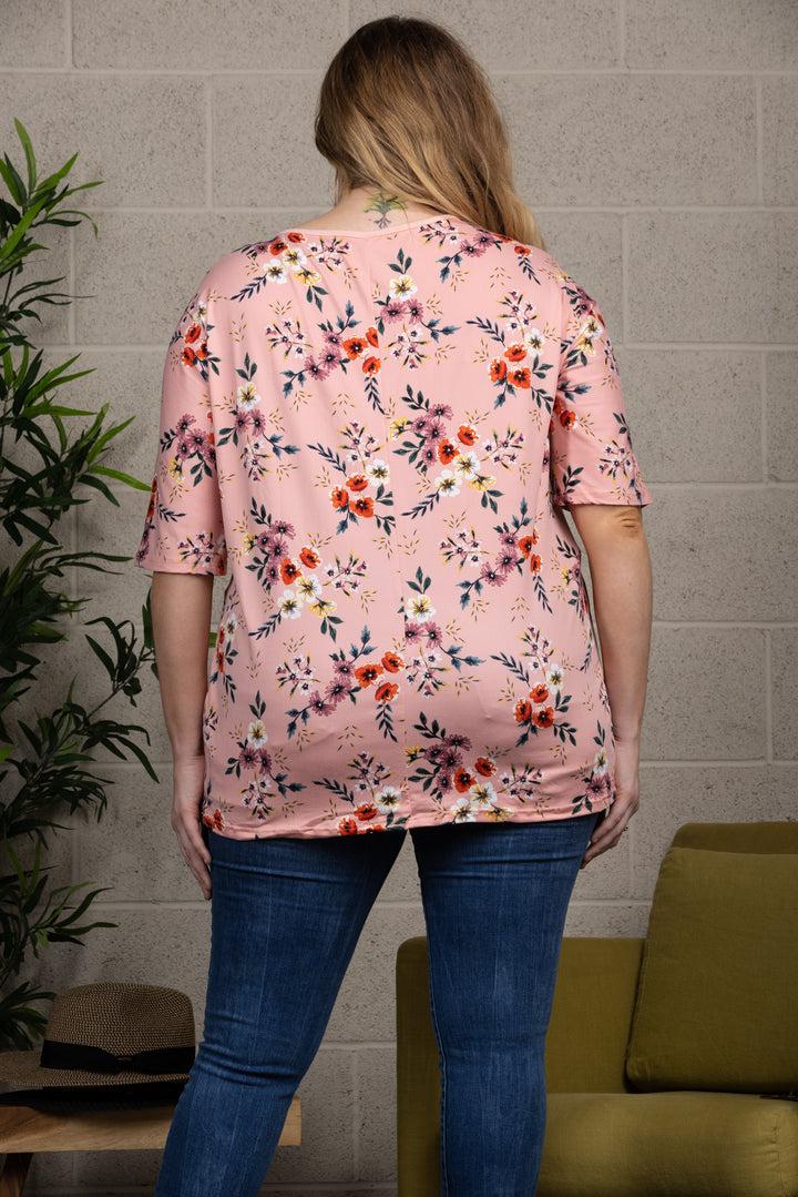 FLORAL PRINT CONTRAST PLUS SIZE KNIT TOP-CT43609C