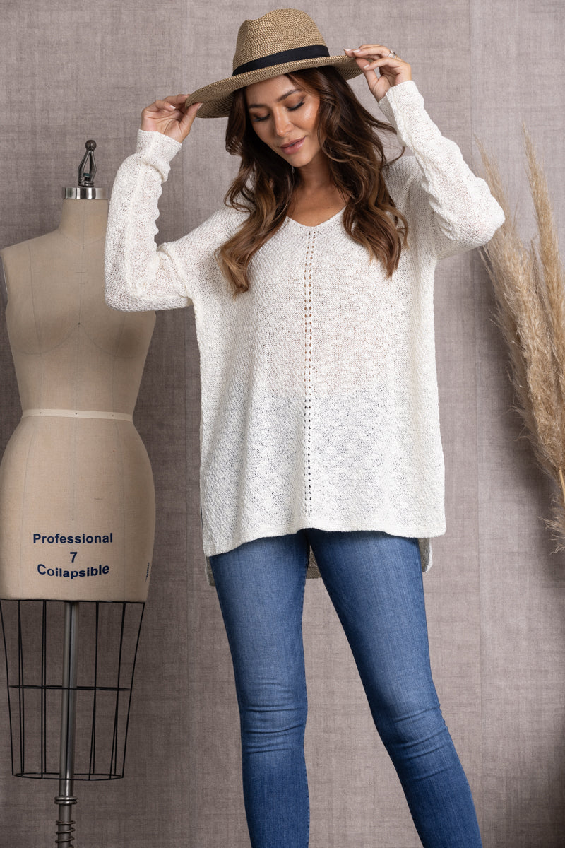 IVORY V-NECK CABLE KNIT SWEATER-TI10001