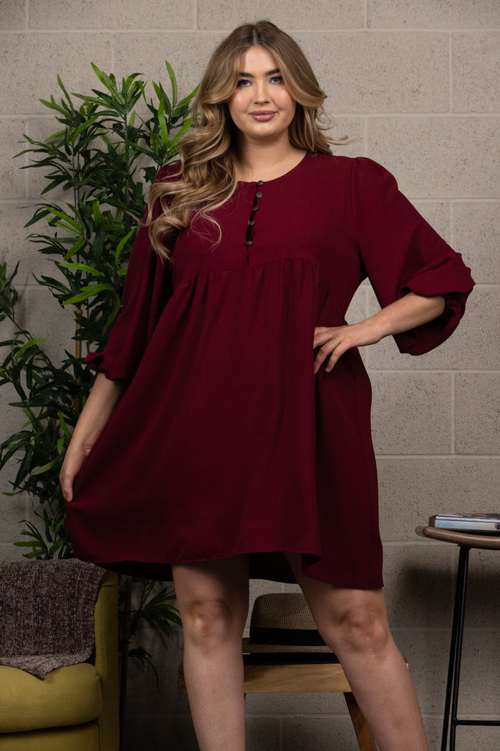 HALF OPEN BUTTON SPLICING LOOSE PLUS SIZE MIDI DRESS