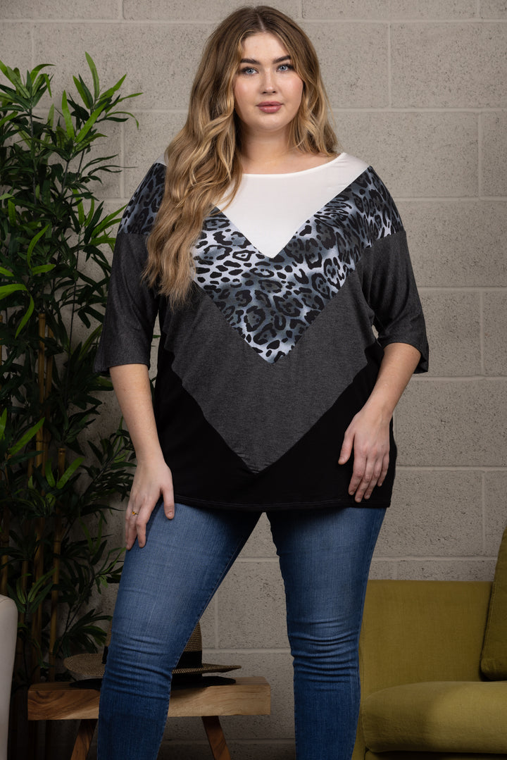 LEOPARD PRINT DOLMAN SLEEVES CONTRAST PLUS SIZE KNIT TOP