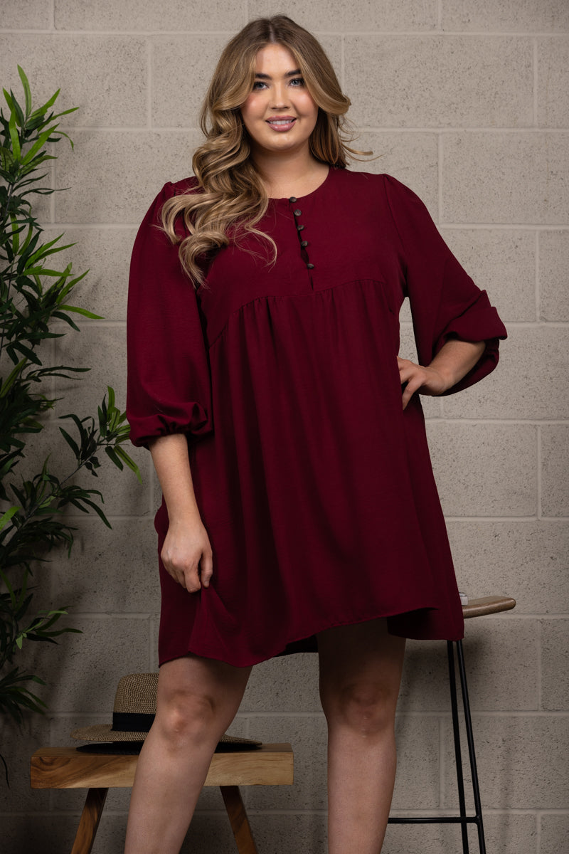 HALF OPEN BUTTON SPLICING LOOSE PLUS SIZE MIDI DRESS