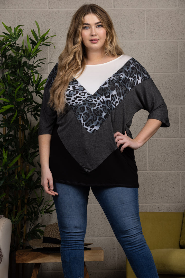 LEOPARD PRINT DOLMAN SLEEVES CONTRAST PLUS SIZE KNIT TOP