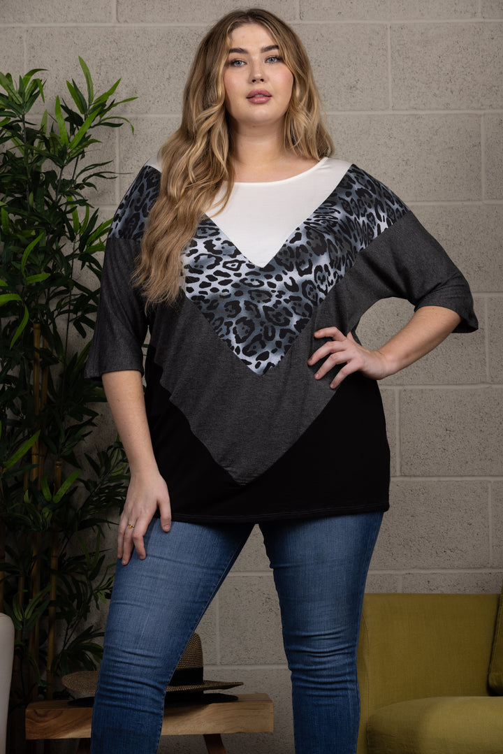 LEOPARD PRINT DOLMAN SLEEVES CONTRAST PLUS SIZE KNIT TOP