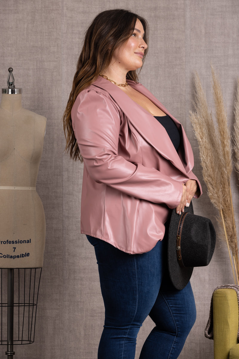 PINK LAPEL PU LEATHER PLUS SIZE BLAZER JACKET SJ1206