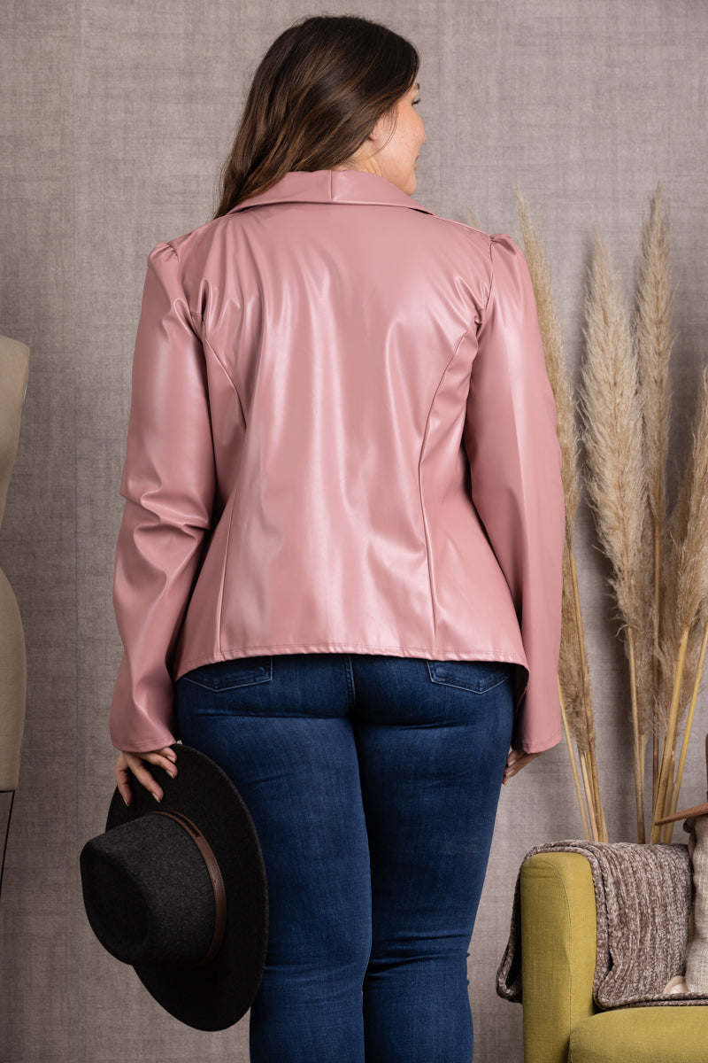 PINK LAPEL PU LEATHER PLUS SIZE BLAZER JACKET SJ1206