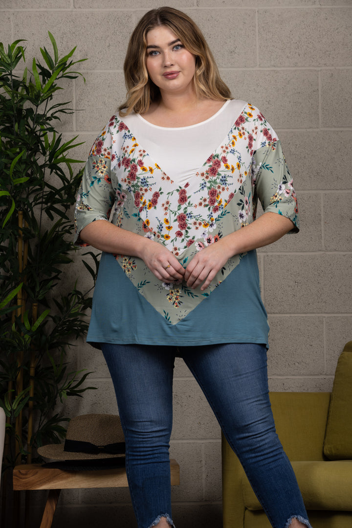 FLORAL PRINT CONTRAST PLUS SIZE KNIT TOP-CT43609C