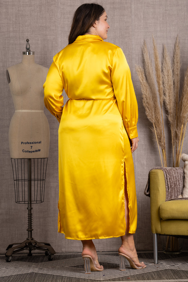 YELLOW BUTTON DOWN LONG SLEEVES PLUS SIZE MAXI DRESS-M51743WX