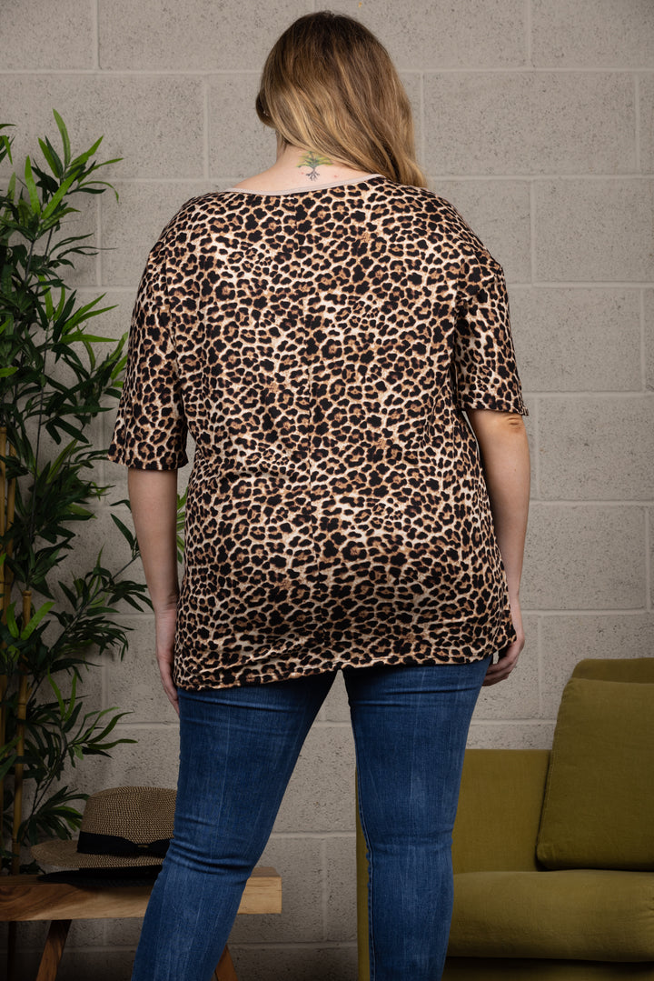 LEOPARD PRINT DOLMAN SLEEVES CONTRAST PLUS SIZE KNIT TOP