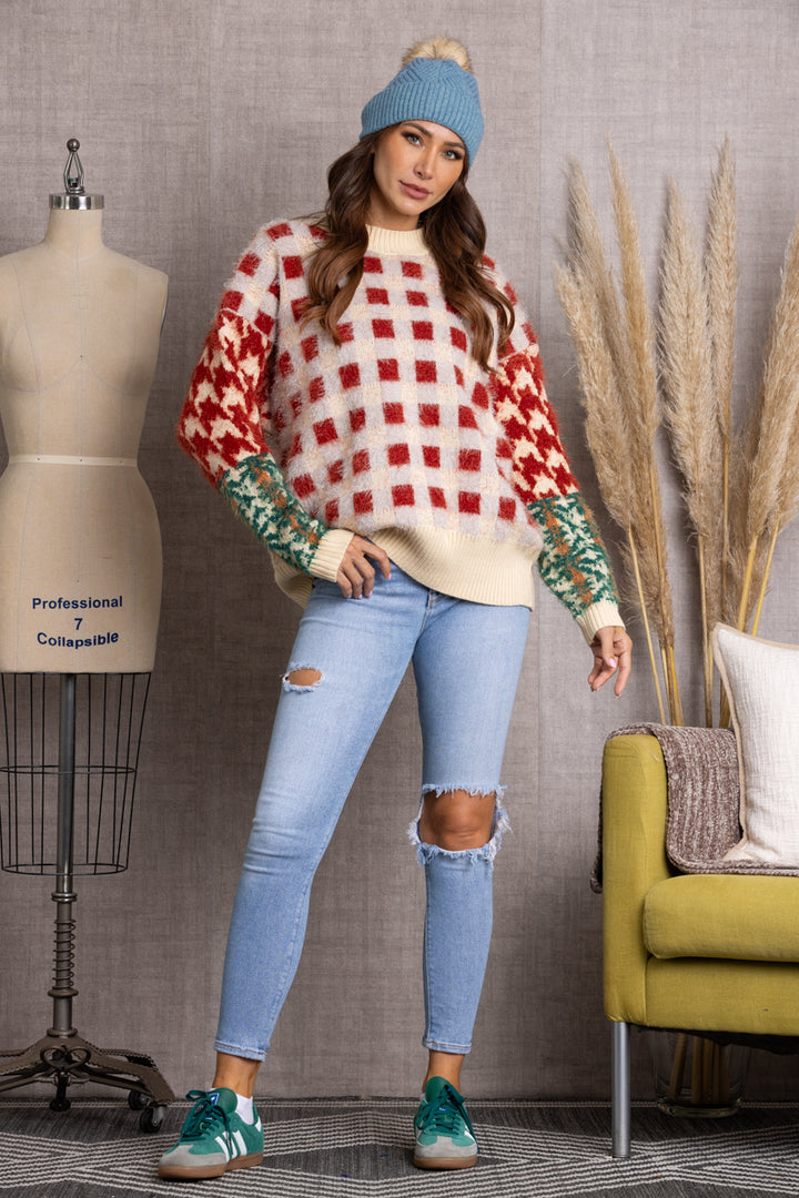 RED FUZZY PLAID WRAP SWEATER TI10613