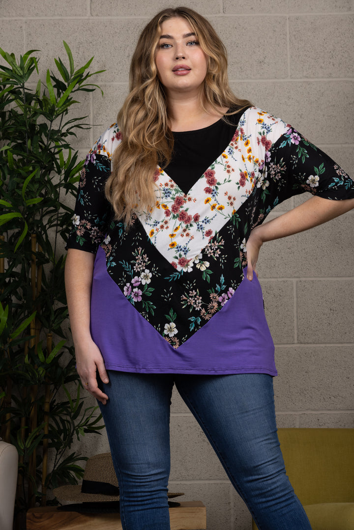 FLORAL PRINT CONTRAST PLUS SIZE KNIT TOP-CT43609C