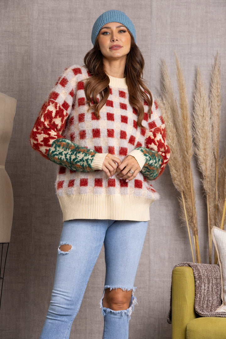 RED FUZZY PLAID WRAP SWEATER TI10613