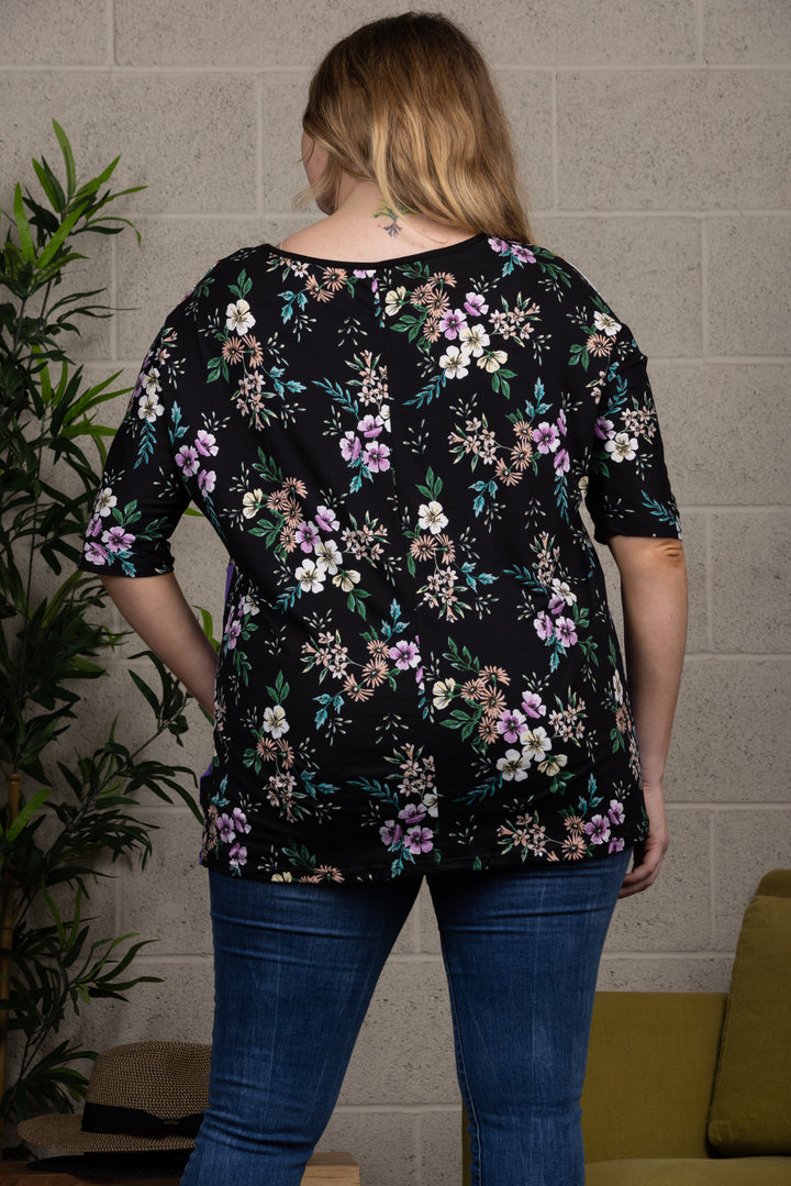 FLORAL PRINT CONTRAST PLUS SIZE KNIT TOP-CT43609C