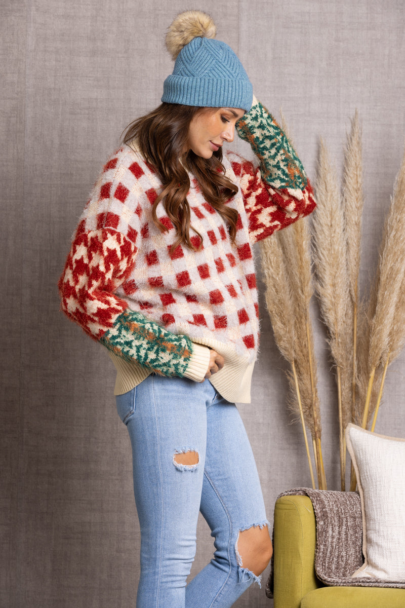 RED FUZZY PLAID WRAP SWEATER TI10613