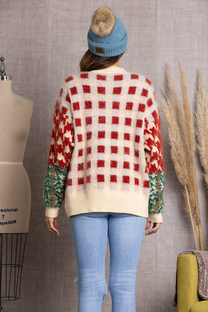 RED FUZZY PLAID WRAP SWEATER TI10613