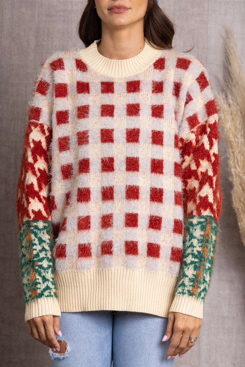 RED FUZZY PLAID WRAP SWEATER TI10613