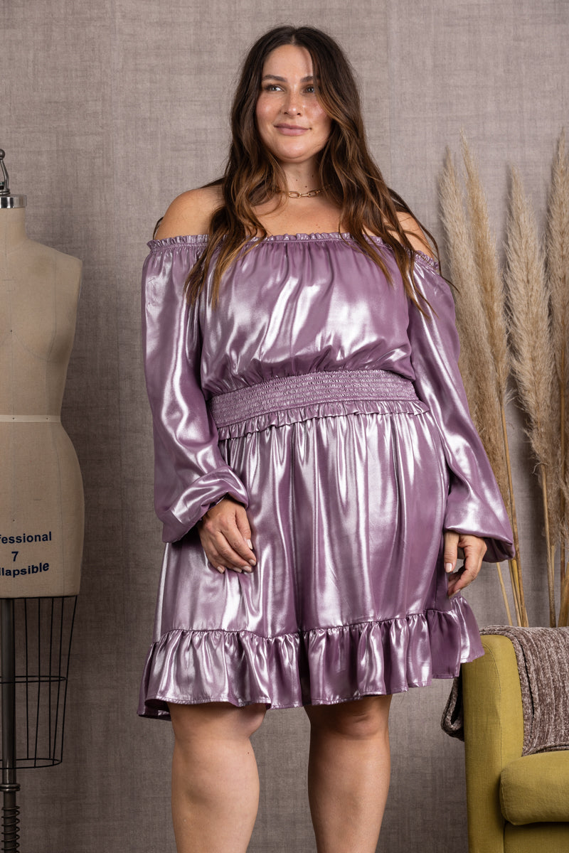 MAGENTA METALIC OFF THE SHOULDER PLUS SIZE MIDI DRESS-CIDM9003