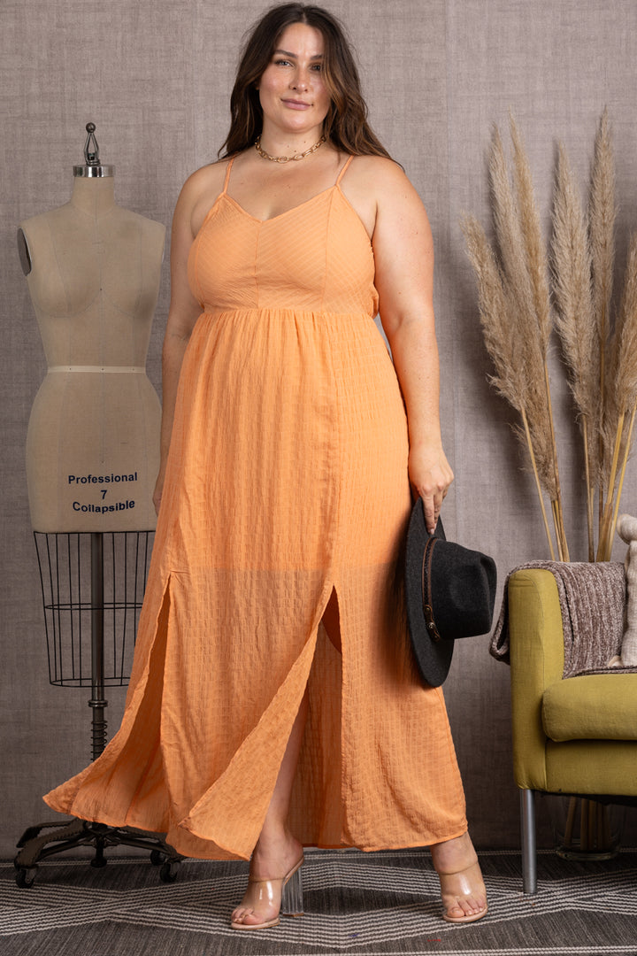 M51696WX-Wholesale CORAL SPAGHETTI STRAP TIE BACK PLUS SIZE MIDI DRESS