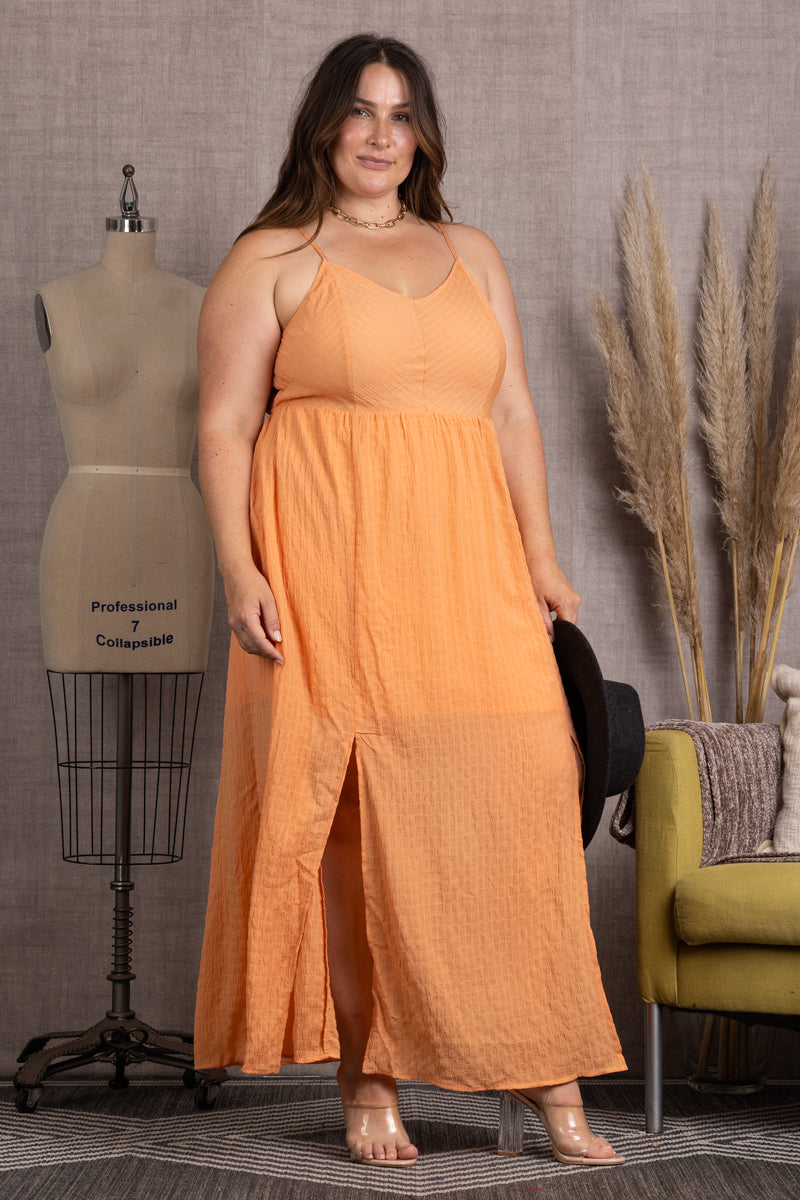 CORAL SPAGHETTI STRAP TIE BACK PLUS SIZE MIDI DRESS-M51696WX