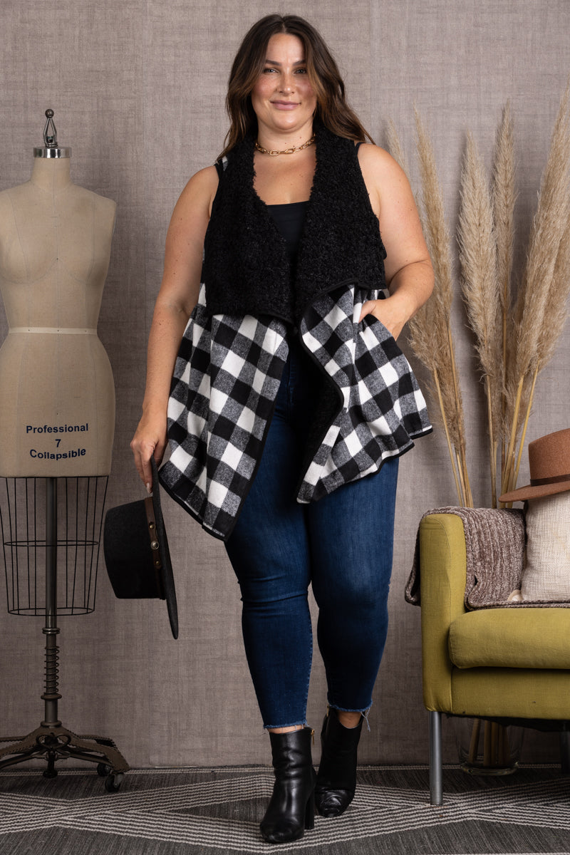 BLACK PLAID SOFT FUR POCKET PLUS SIZEVEST-M5200