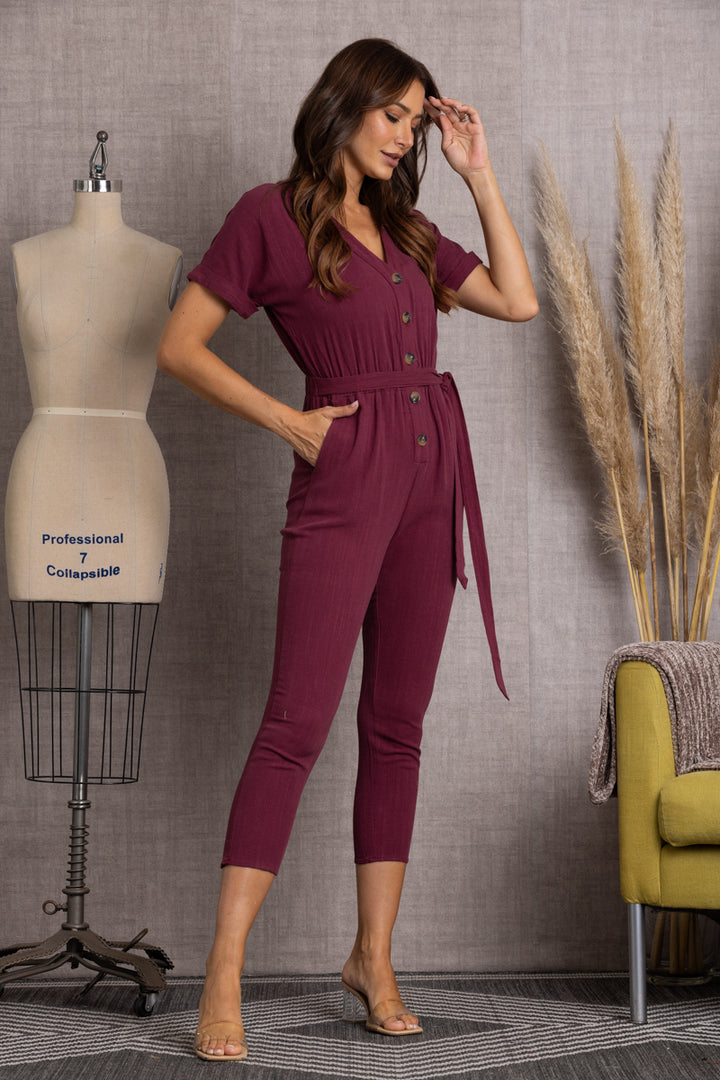 PLUM V-NECK SHORT SLEEVES W/SLASH JUMPSUITS-SS8137