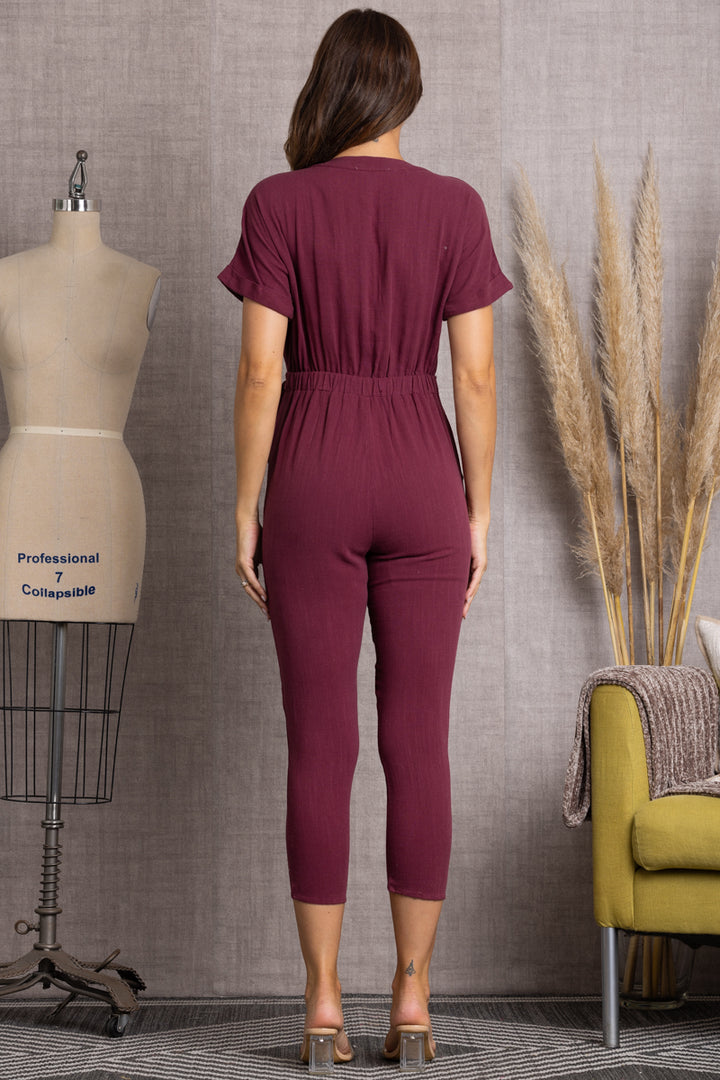 PLUM V-NECK SHORT SLEEVES W/SLASH JUMPSUITS-SS8137