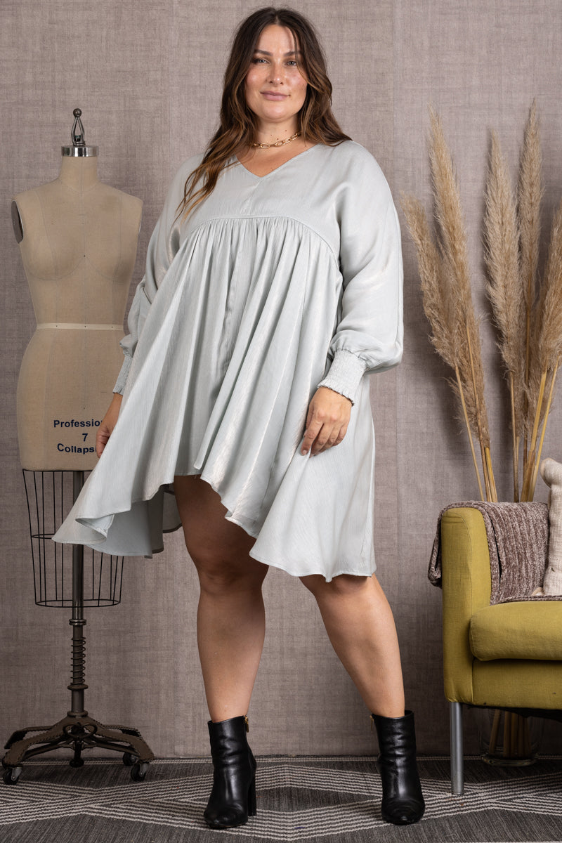 SHINY SILVER V-NECK LONG SLEEVES PLUS SIZE MIDI DRESS-CIDM2127B