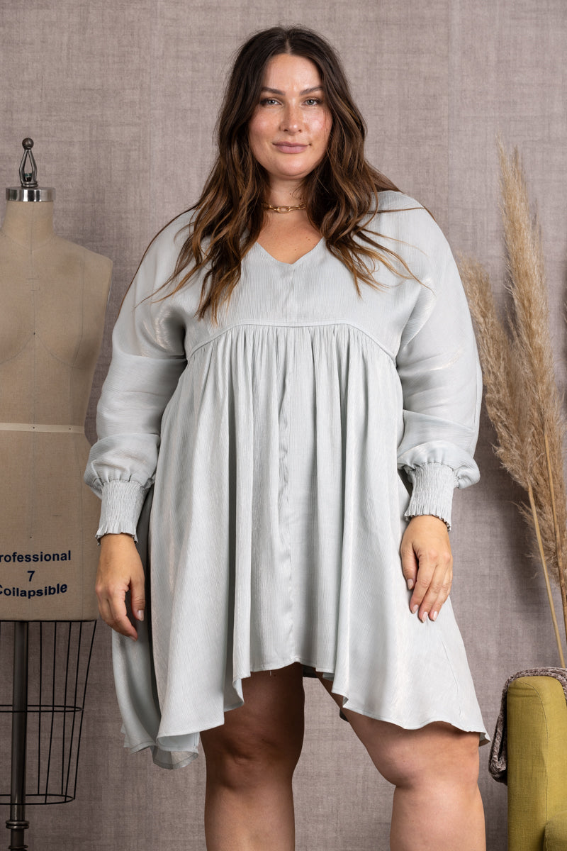 SHINY SILVER V-NECK LONG SLEEVES PLUS SIZE MIDI DRESS-CIDM2127B