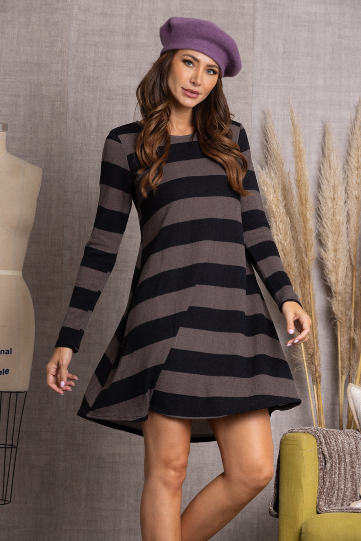 SD1159-10-MOCHA STRIPE LONG SLEEVES MIDI DRESS