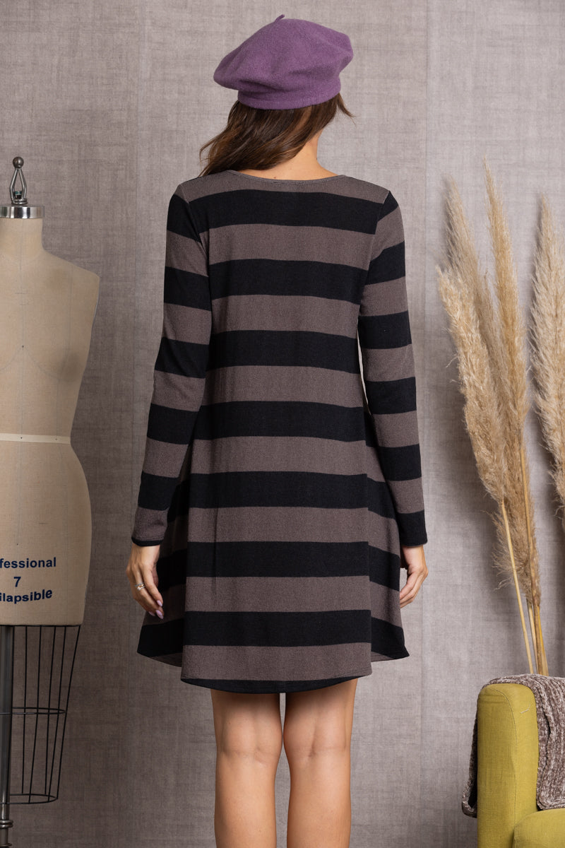 SD1159-10-MOCHA STRIPE LONG SLEEVES MIDI DRESS