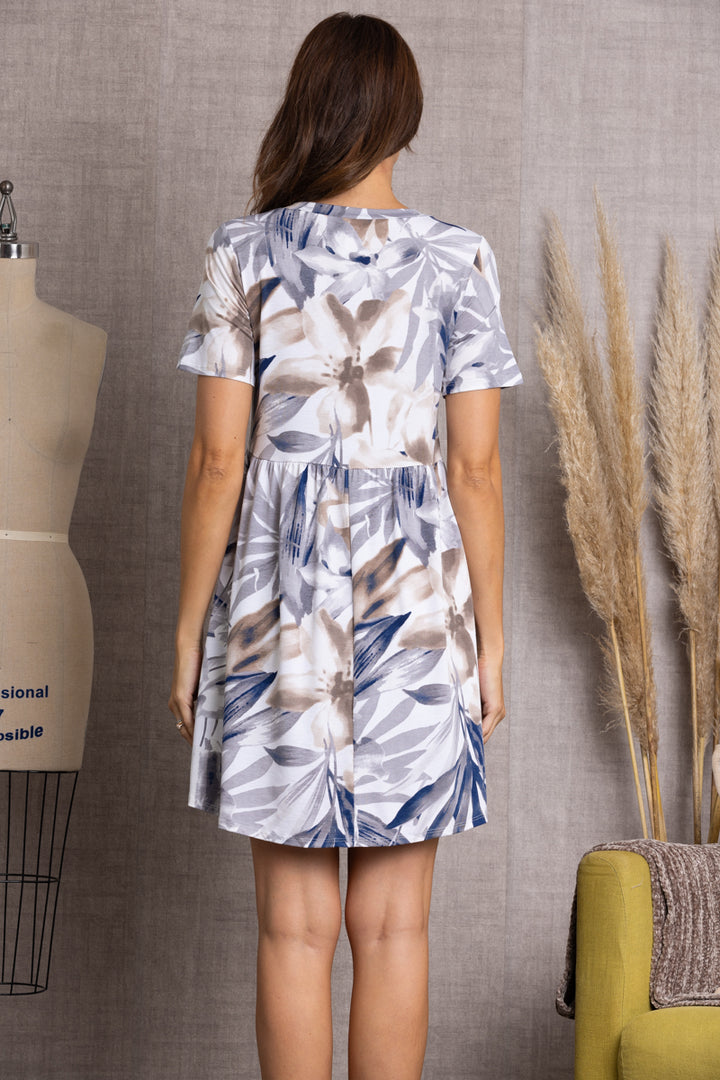 WHITE GREY TROPICAL PRINT SHORT SLEEVES BABYDOLL MIDI DRESS-D5105