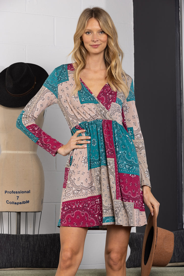 MULTICOLOR PATCH WORK WARP LONG SLEEVES MINI DRESS-VC5735