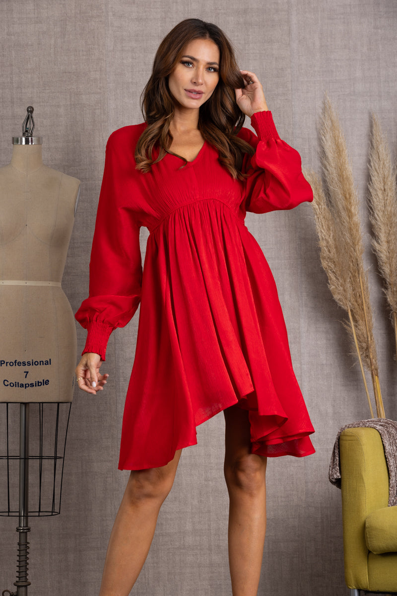 SHINY RED V-NECK LONG SLEEVES MIDI DRESS-IDM2127B