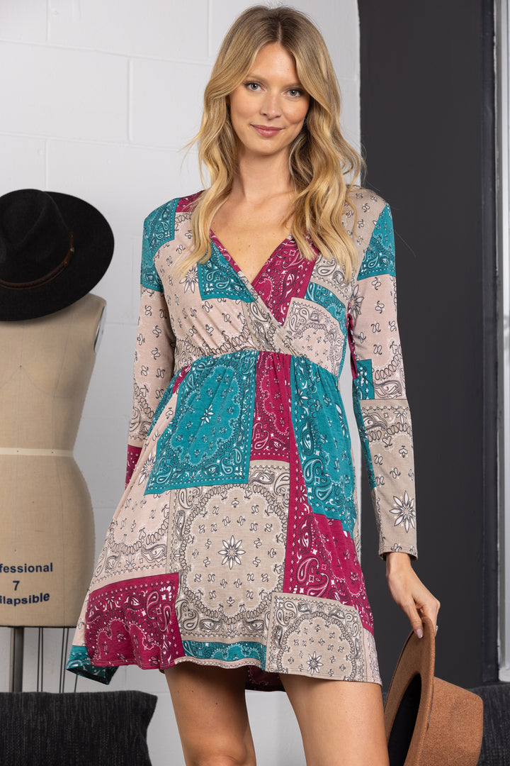 MULTICOLOR PATCH WORK WARP LONG SLEEVES MINI DRESS-VC5735