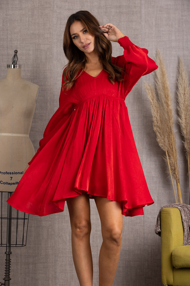 SHINY RED V-NECK LONG SLEEVES MIDI DRESS-IDM2127B