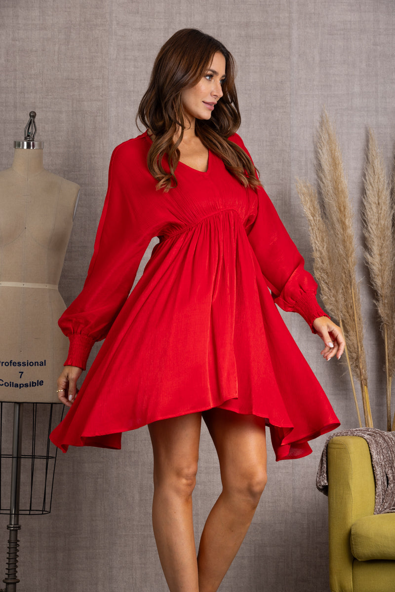 SHINY RED V-NECK LONG SLEEVES MIDI DRESS-IDM2127B