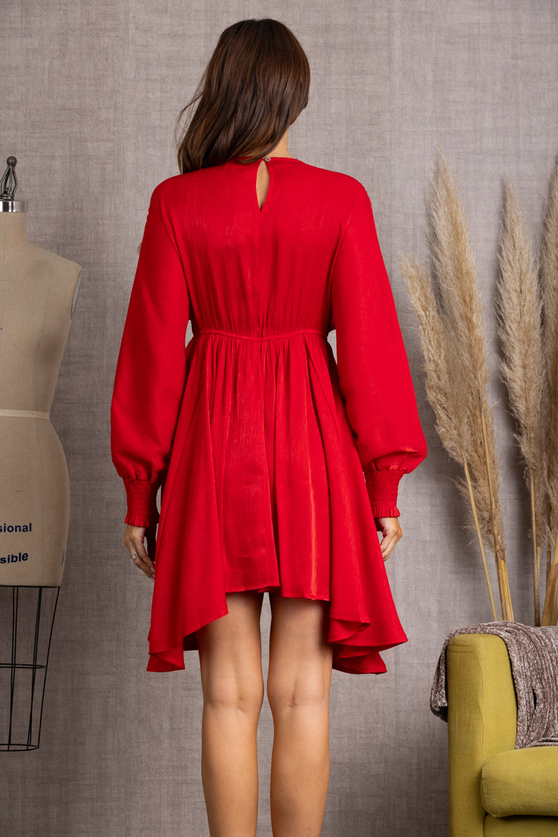 SHINY RED V-NECK LONG SLEEVES MIDI DRESS-IDM2127B