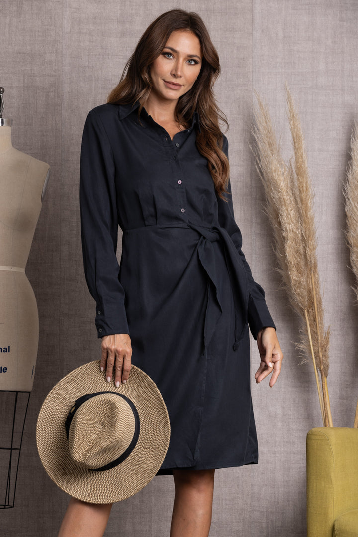 MIDNIGHT BLACK SOLID LONG SLEEVE W/SIDE FRONT TIE SHIRT MIDI DRESS SS8498