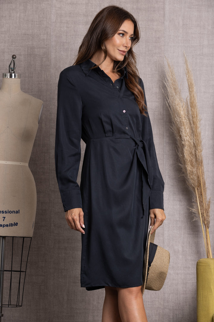 MIDNIGHT BLACK SOLID LONG SLEEVE W/SIDE FRONT TIE SHIRT MIDI DRESS SS8498