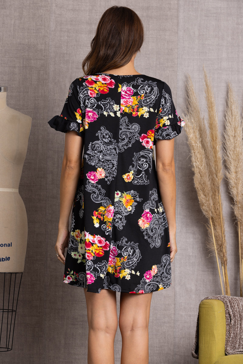 BLACK FLORAL PRINT RUFFLED SHORT SLEEVES MIDI DRESS-SD2163-23