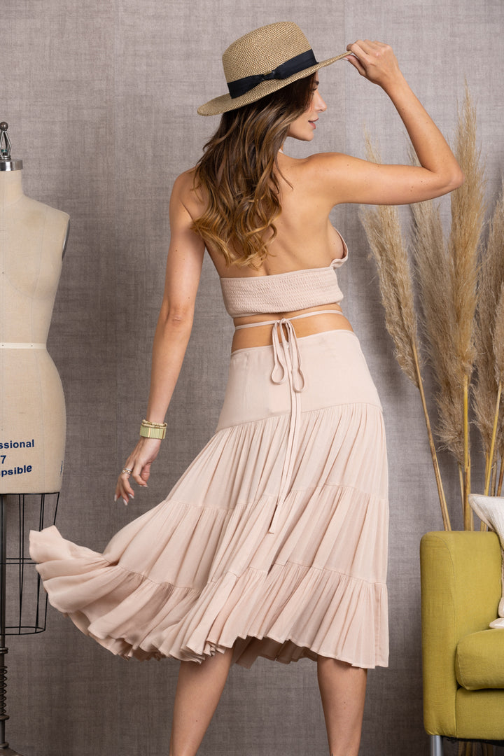 BLUSH LOUIE TIE BACK MIDI SKIRT & CROSS HALTER TOP SET T3119